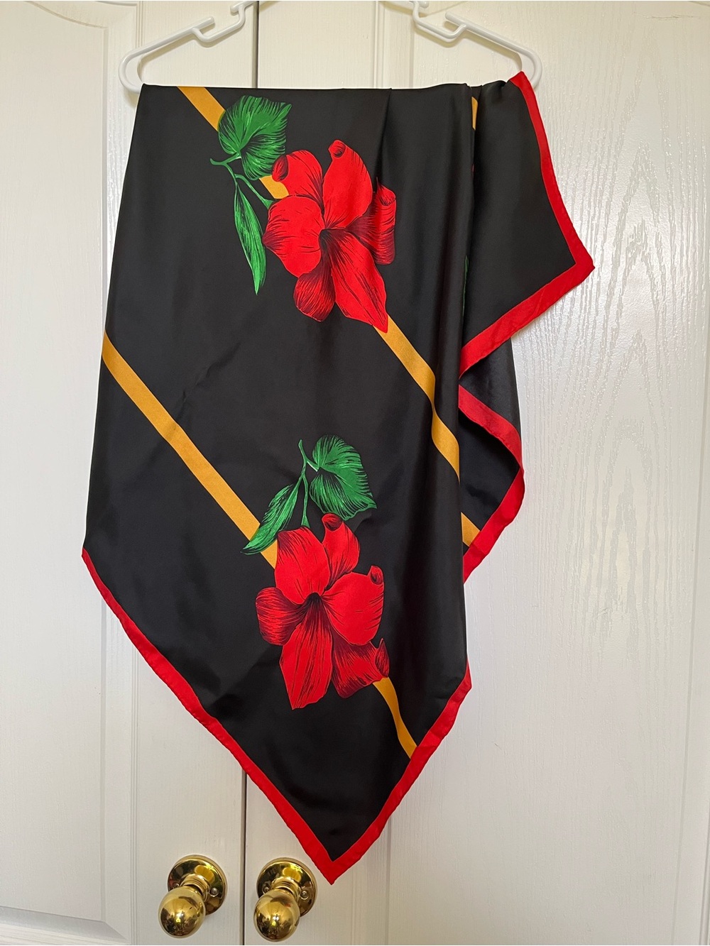 Black Floral Silk Scarf with Red Trim